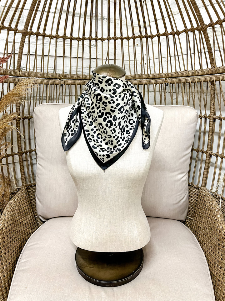 Wild Elegance Silk Feel Square Scarf in Black and Ivory Leopard Print