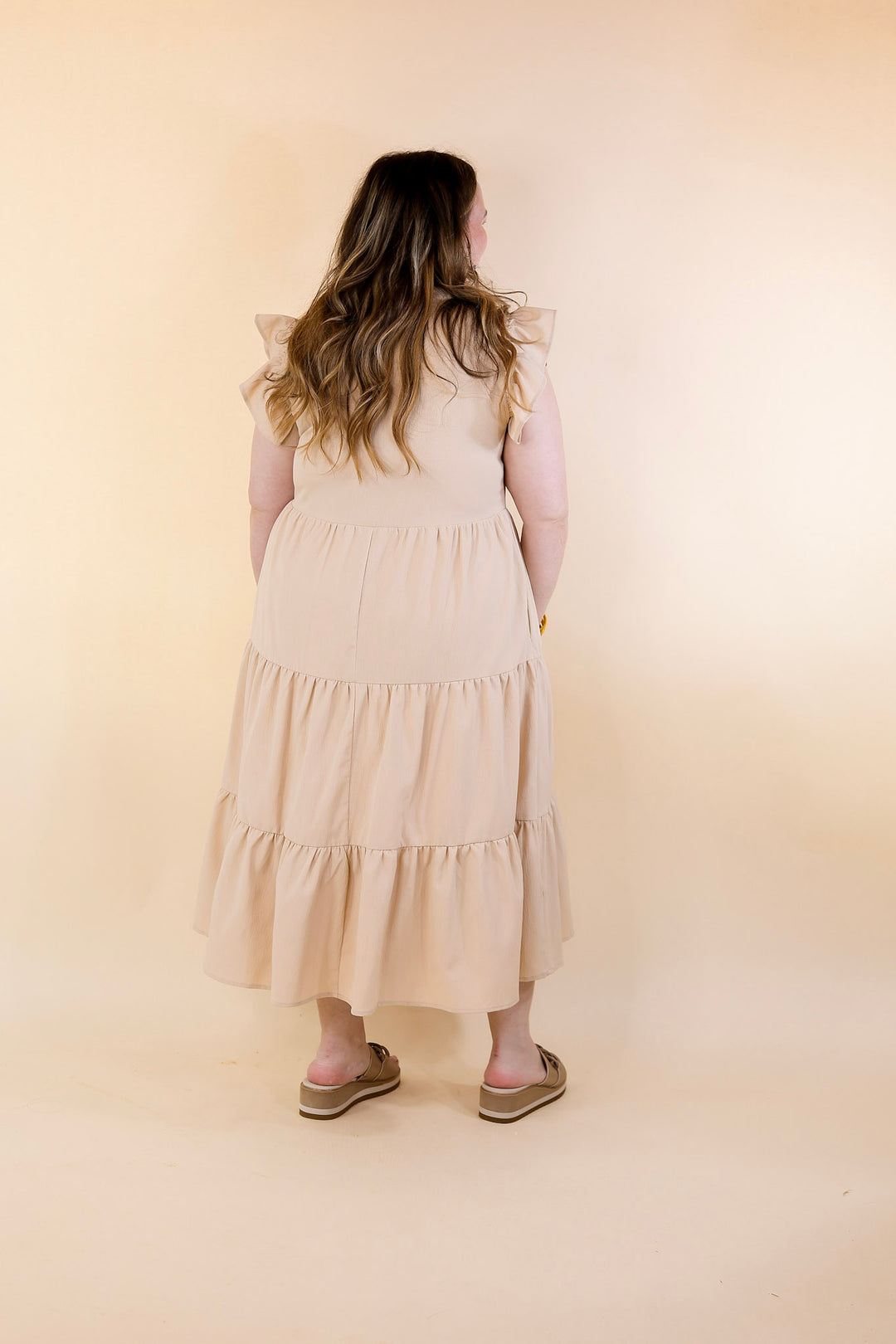 Magnolia Morning Ruffle Cap Sleeve Tiered Midi Dress in Cream