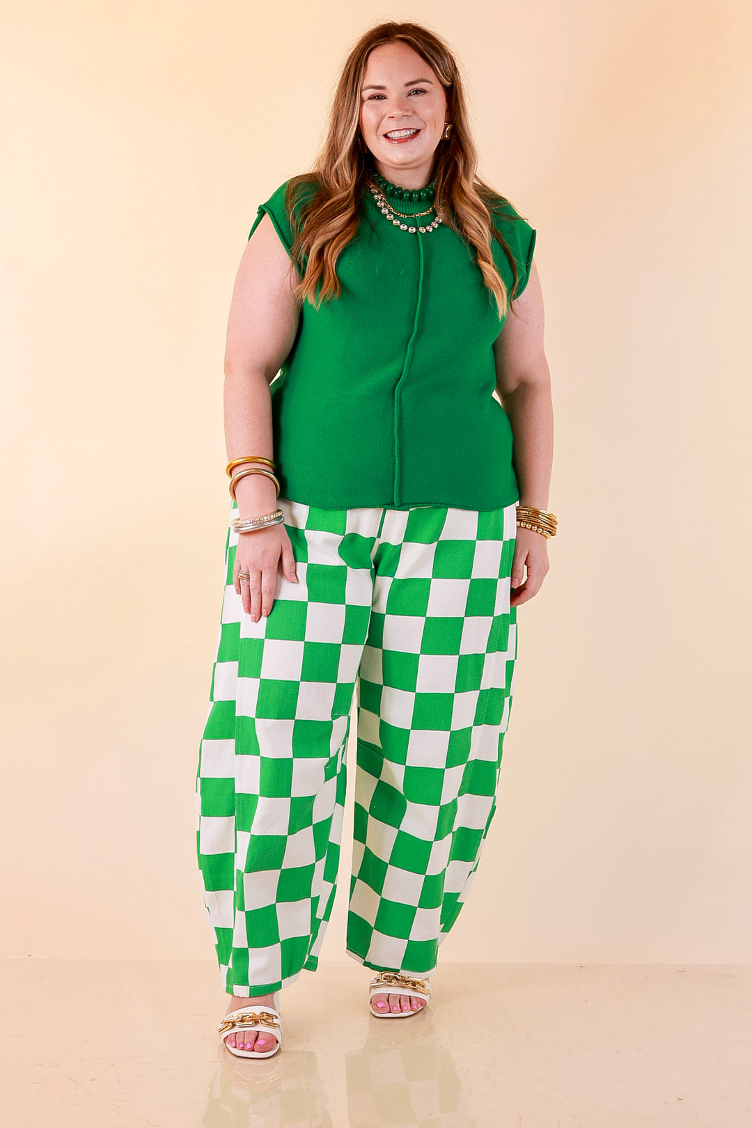 Check Me Out Wide Leg Checkered Print Barrel Denim Jean in Green