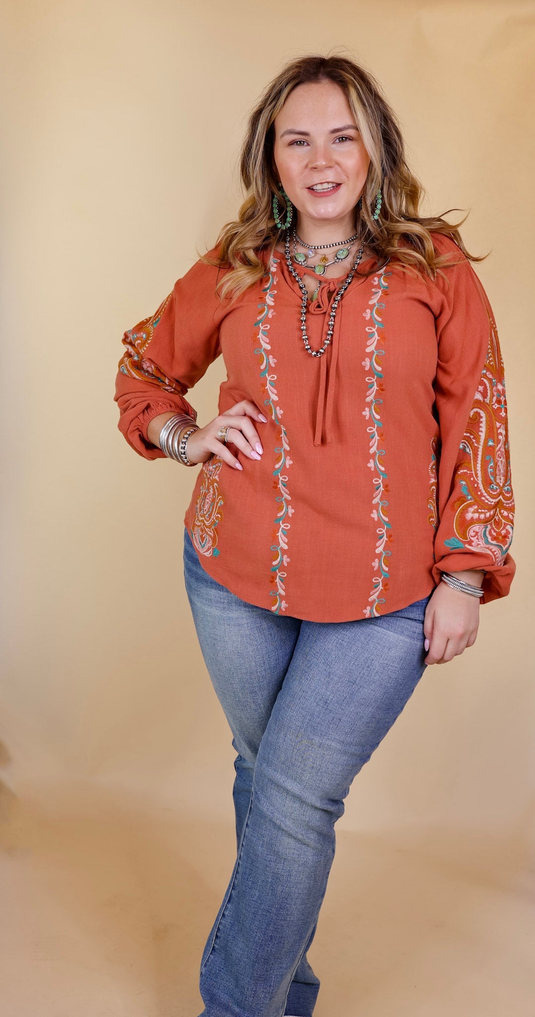 Warm Personality Floral Embroidered Long Sleeve Top with Front Keyhole and Tie in Clay Orange