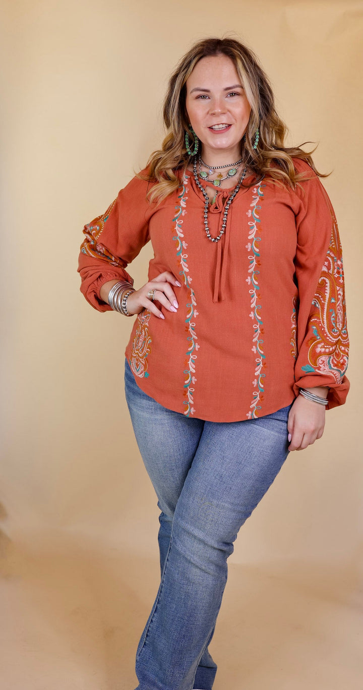 Warm Personality Floral Embroidered Long Sleeve Top with Front Keyhole and Tie in Clay Orange - Giddy Up Glamour Boutique