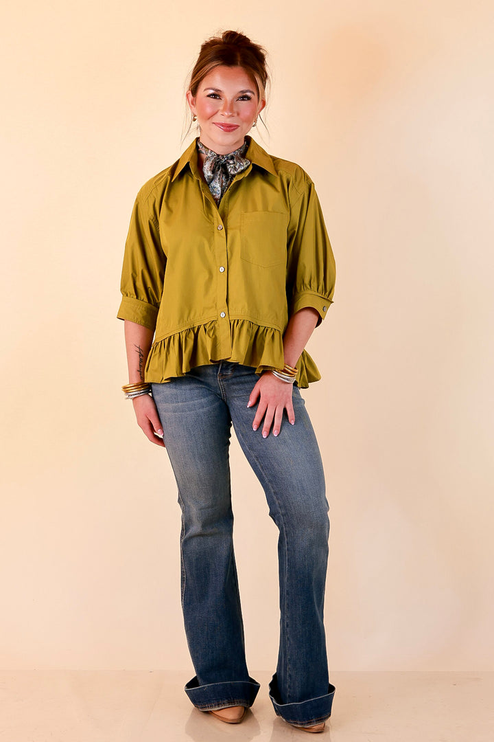 Style Agenda Solid Button Down Peplum Top in Chartreuse Olive Green