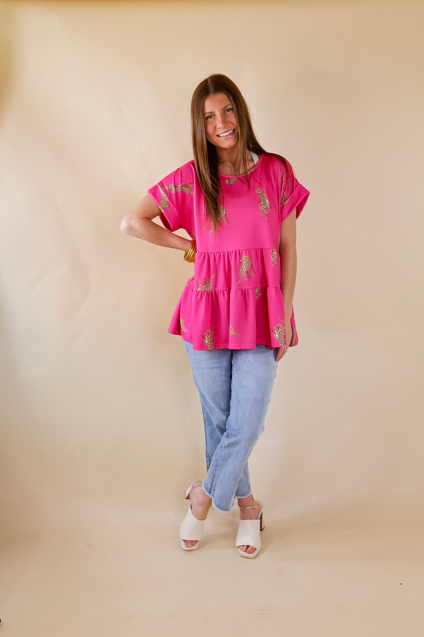 Feeling Wild Cheetah Print Tiered Babydoll Top in Hot Pink - Giddy Up Glamour Boutique