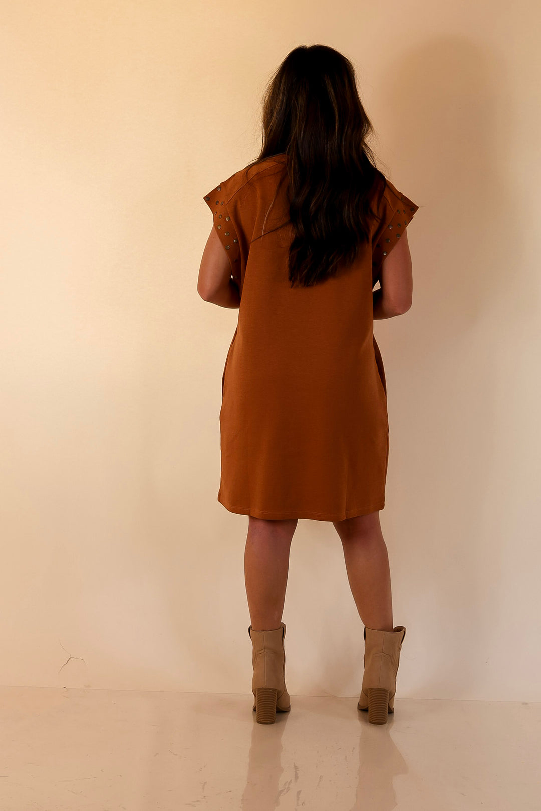 Graceful Glimpse Dress with Gold Stud Detail in Brown