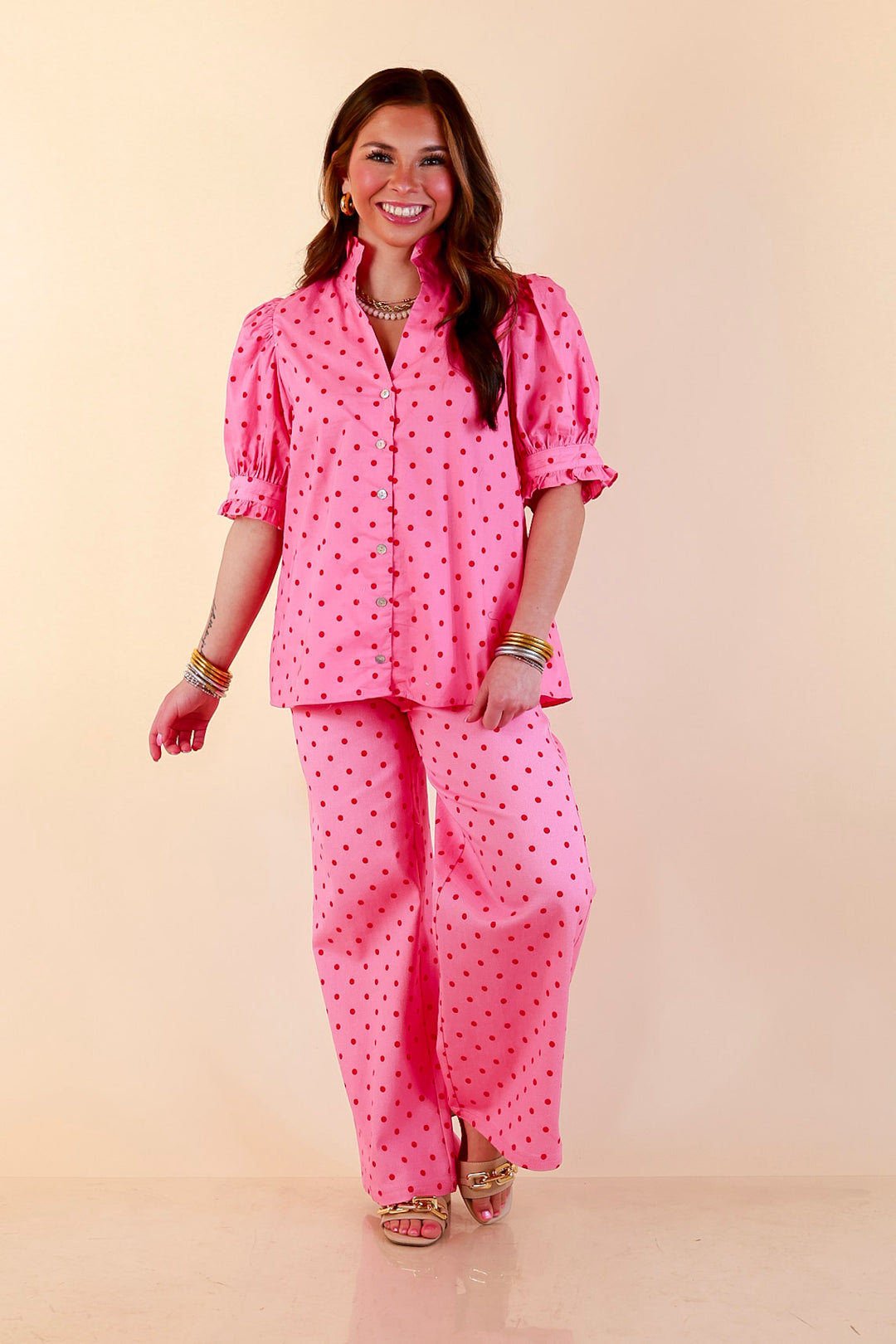 Poised and Polished Button Front Puff Sleeve Top with Polka Dot Print in Pink and Red