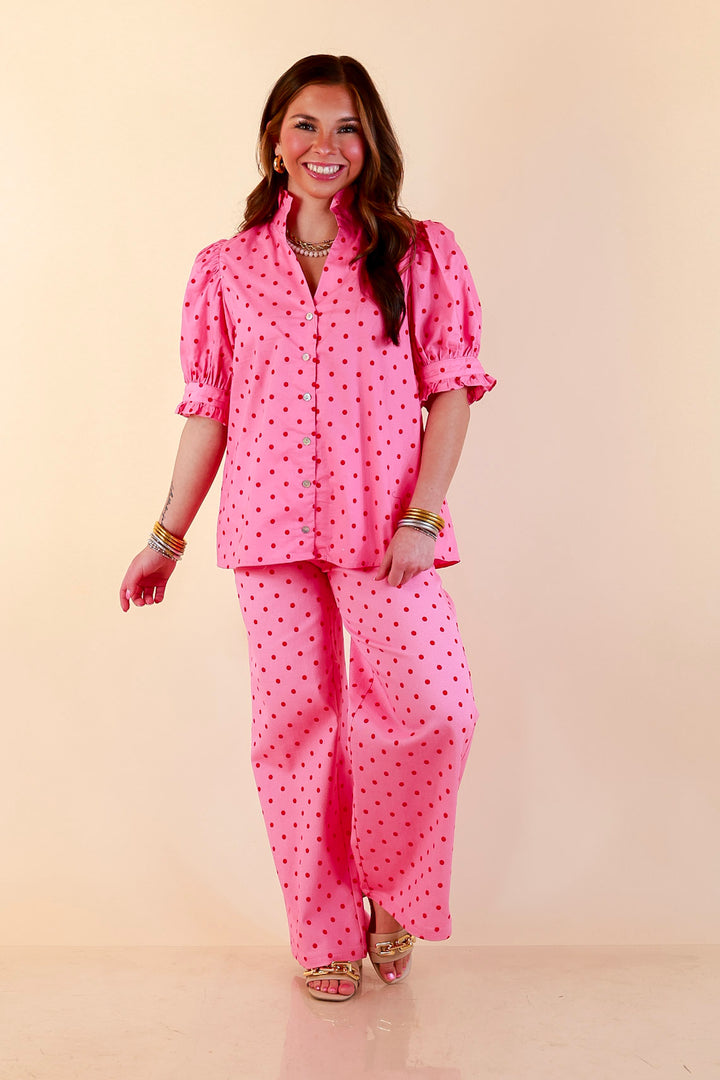 Poised and Polished Button Front Puff Sleeve Top with Polka Dot Print in Pink and Red