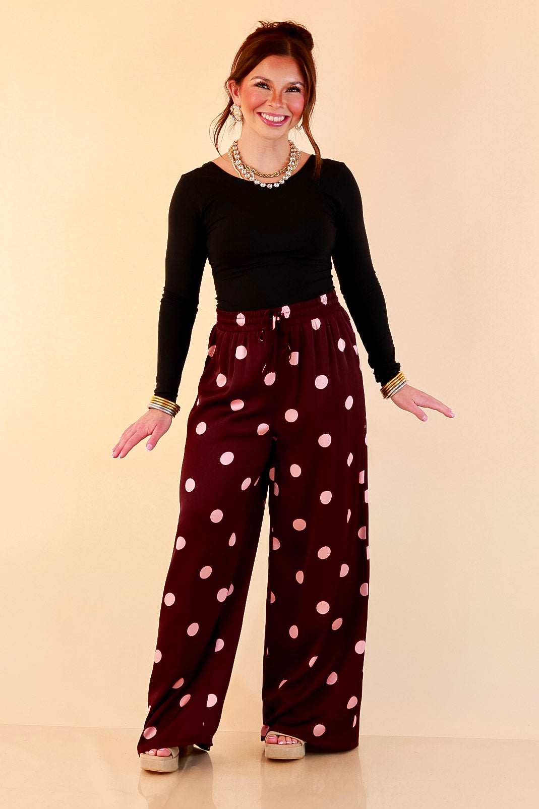 Two of a Kind Full Length Wide Leg Pull-On Drawstring Blush Pink Polka Dot Pants in Maroon