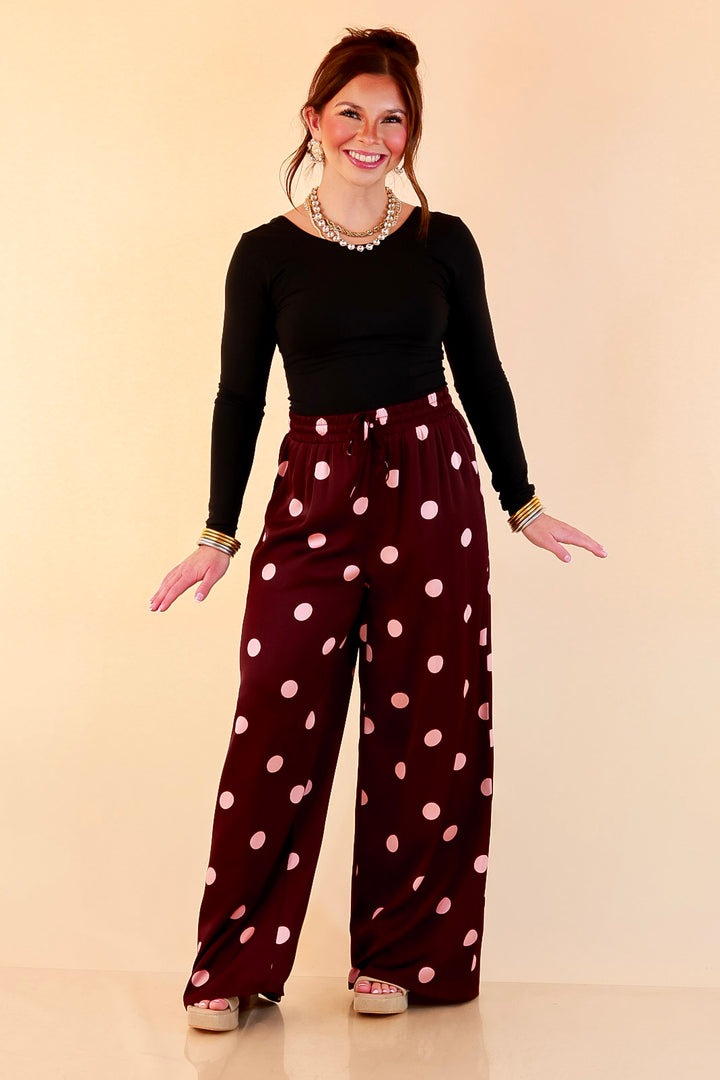 Two of a Kind Full Length Wide Leg Pull-On Drawstring Blush Pink Polka Dot Pants in Maroon