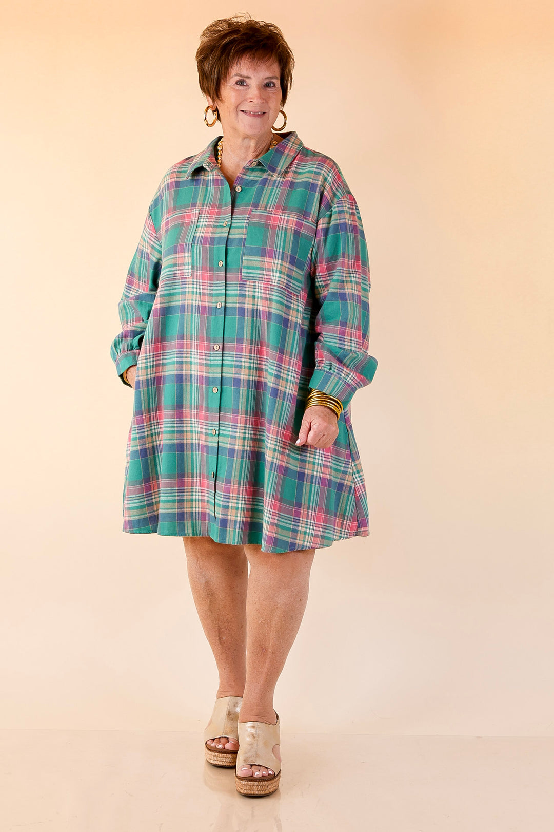 Vibrant Lifestyle Plaid Button Up Dress in Teal and Pink