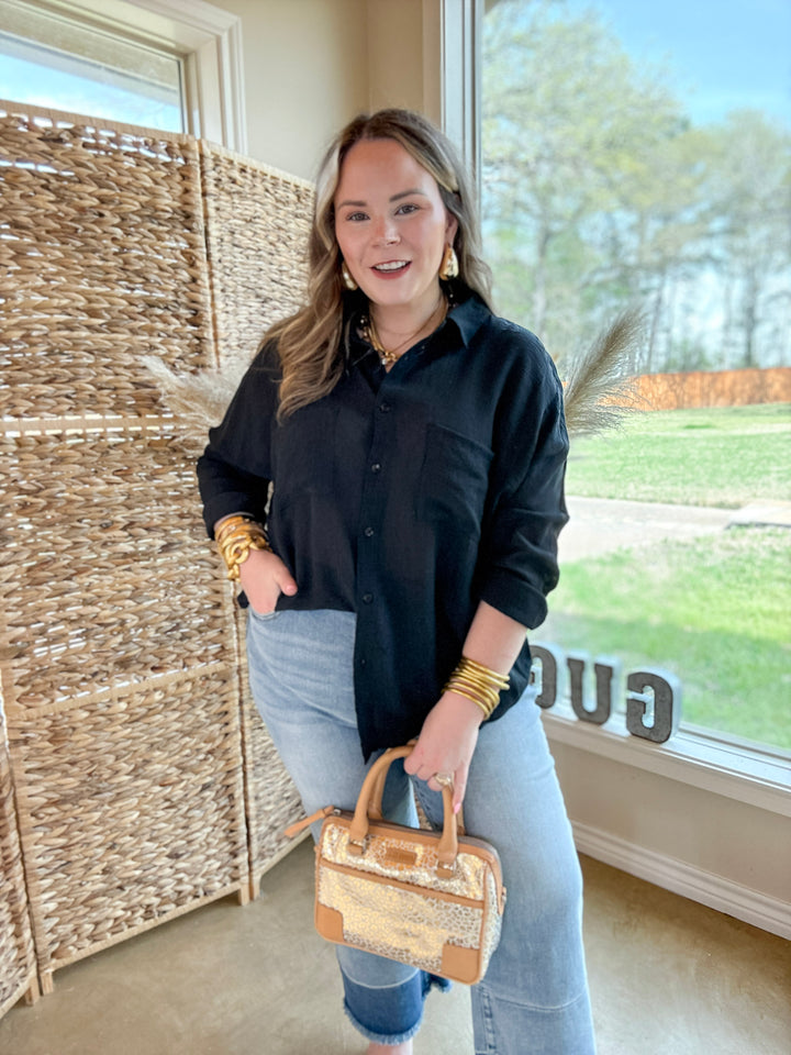 Effortlessly Charming Button Up Crepe Fabric Top in Black - Giddy Up Glamour Boutique