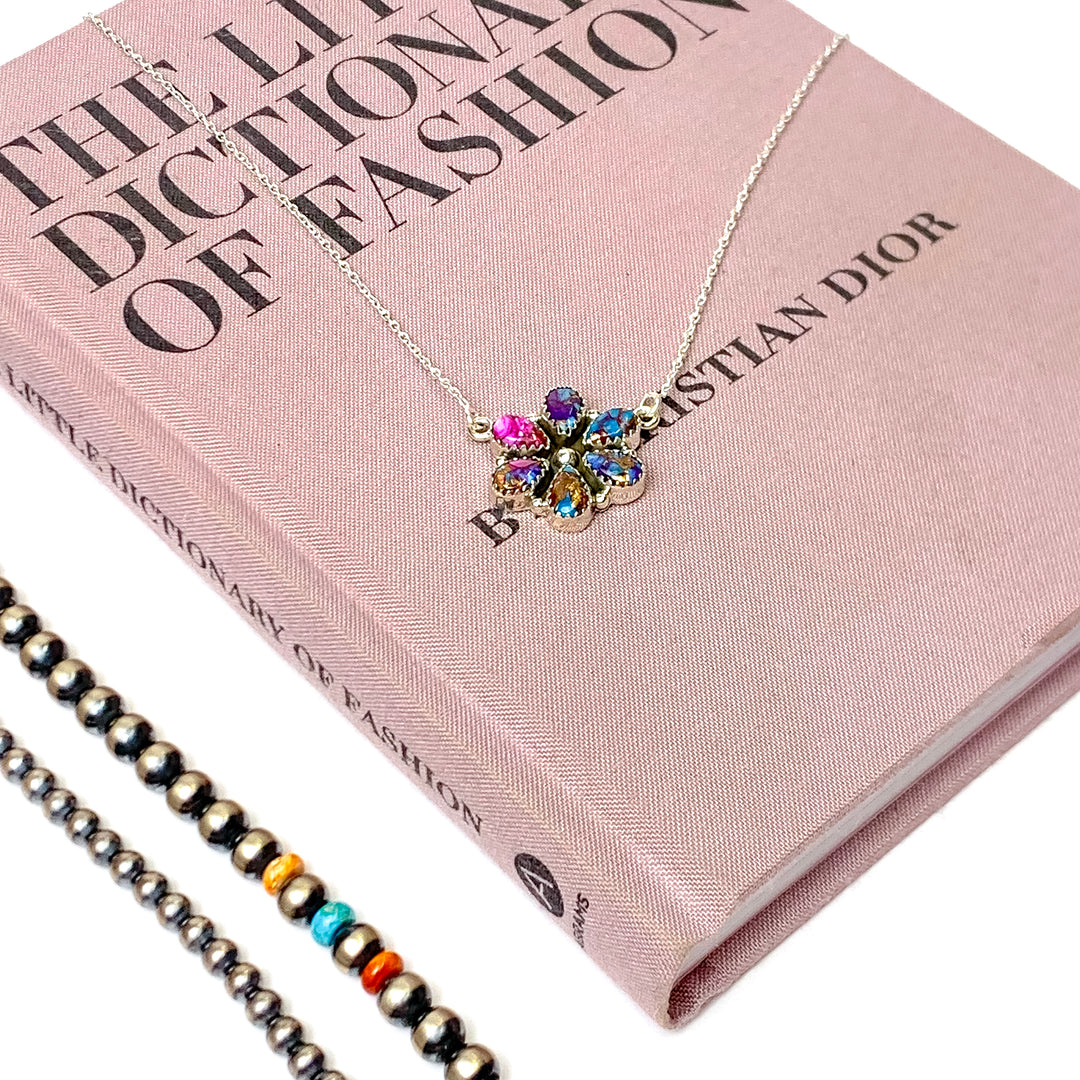 Hada Collection | Handmade Sterling Silver Chain Necklace with Pink Dahlia Stone Flower Cluster Pendant - Giddy Up Glamour Boutique