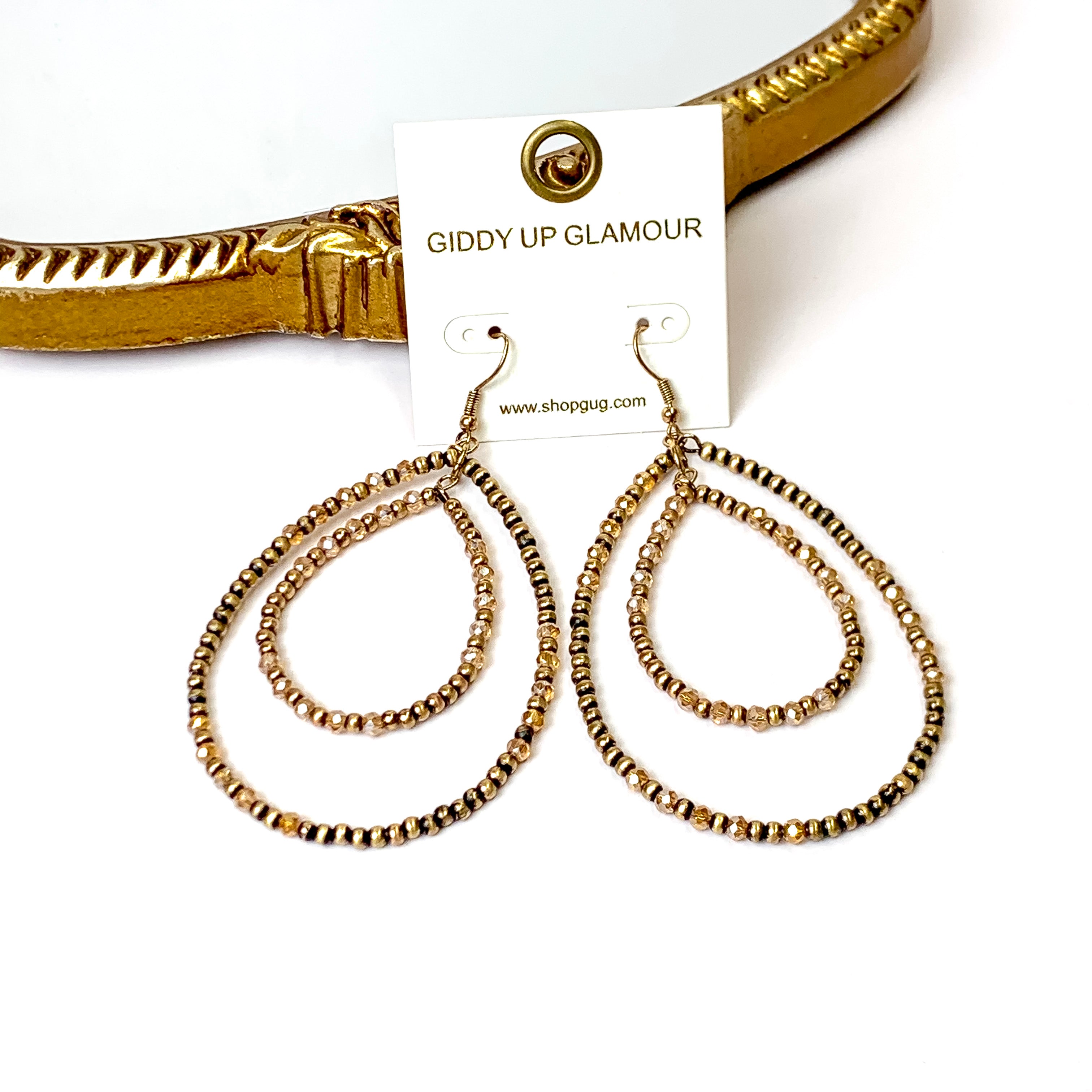 Layered Faux Navajo Pearl Beaded Teardrop Earrings with Champagne Glass Spacers in Gold Tone - Giddy Up Glamour Boutique