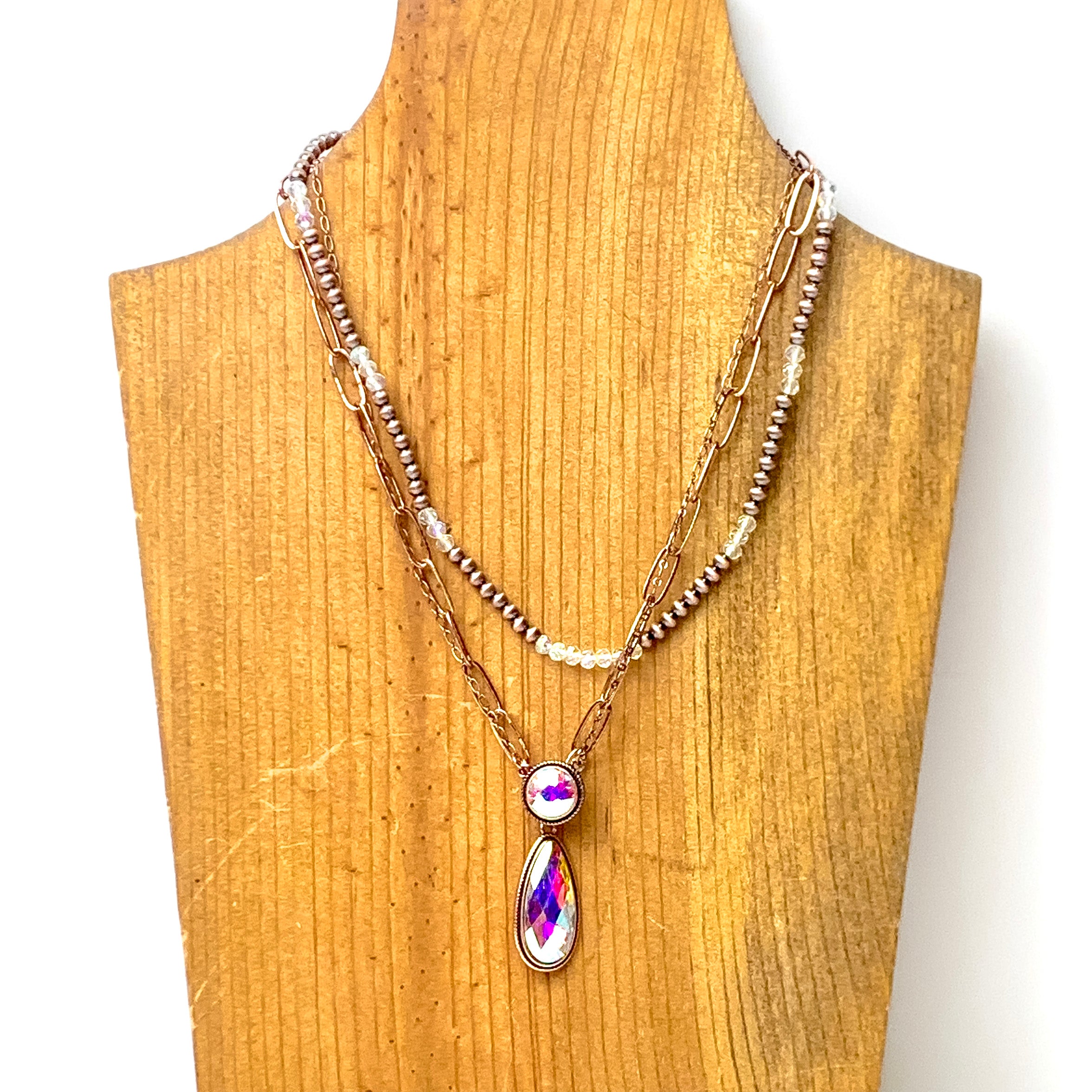 Three Row Faux Navajo Pearl Chain Necklace with AB Stone Pendants in Copper Tone - Giddy Up Glamour Boutique