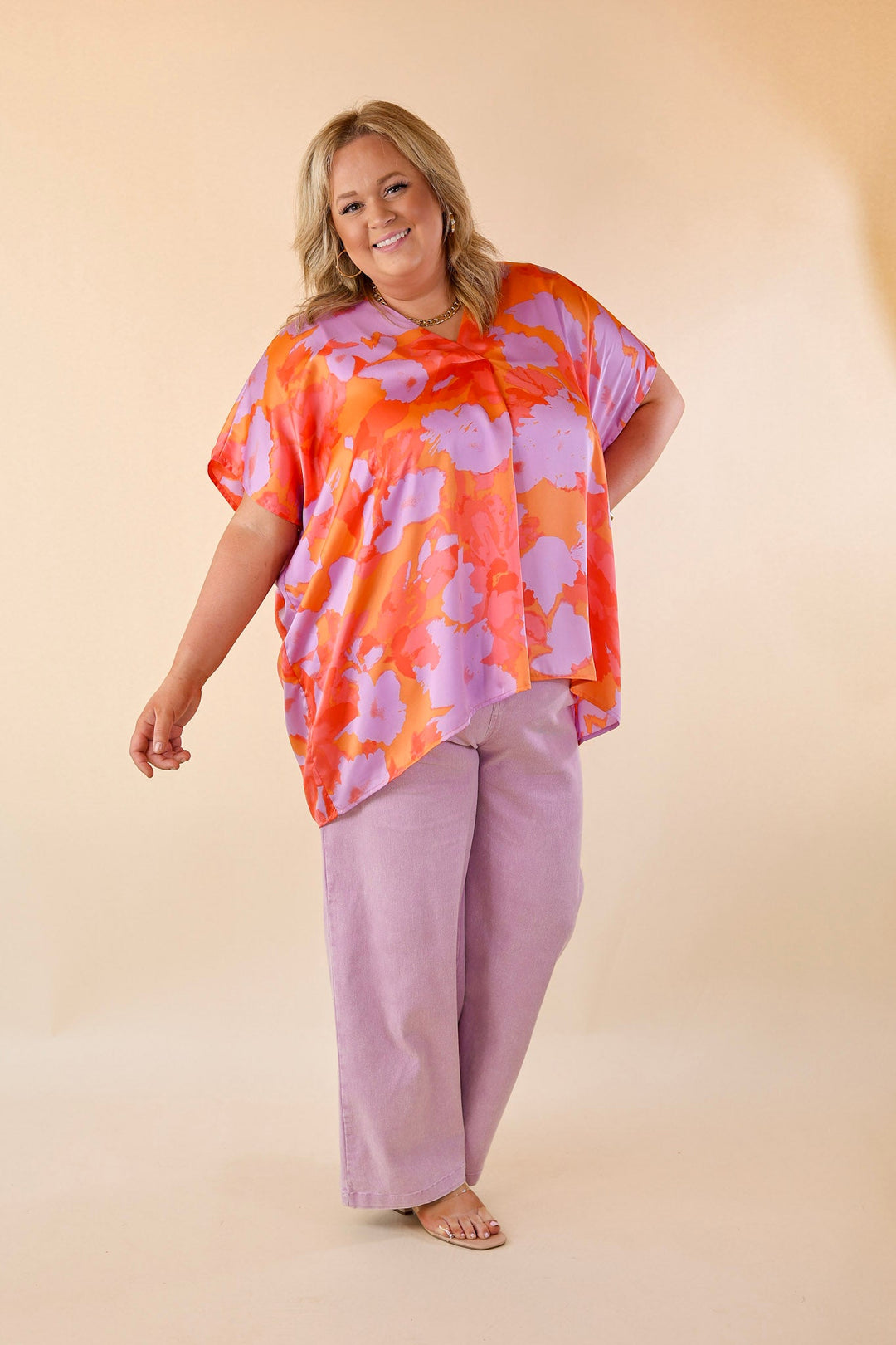 Weekend Out V Neck Short Sleeve Top in Orange and Purple - Giddy Up Glamour Boutique