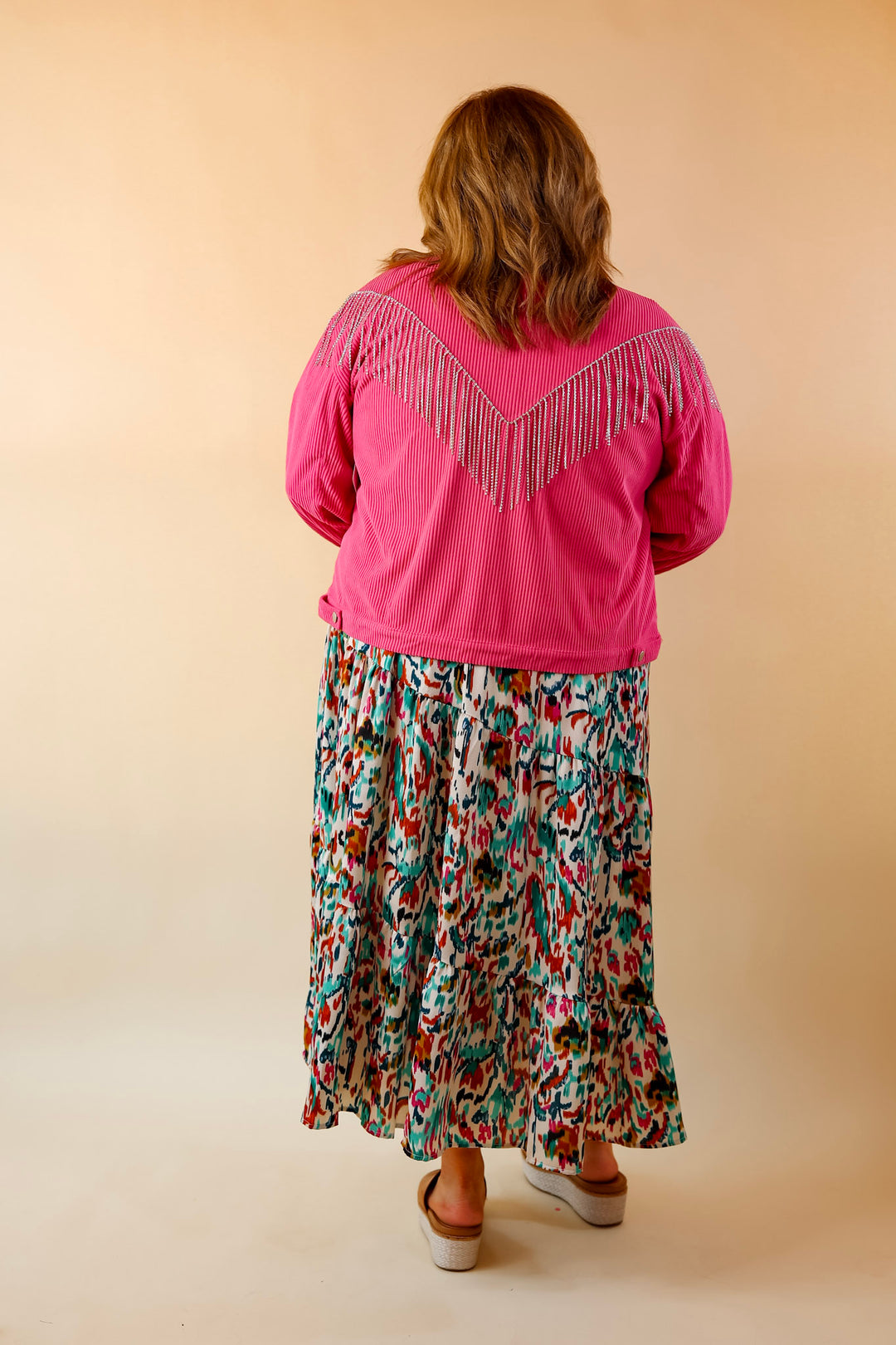 Signature Moves Button Up Corduroy Jacket with Crystal Fringe Back in Hot Pink - Giddy Up Glamour Boutique