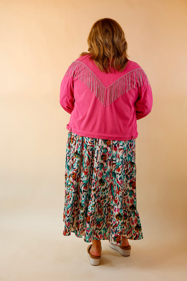 Signature Moves Button Up Corduroy Jacket with Crystal Fringe Back in Hot Pink - Giddy Up Glamour Boutique