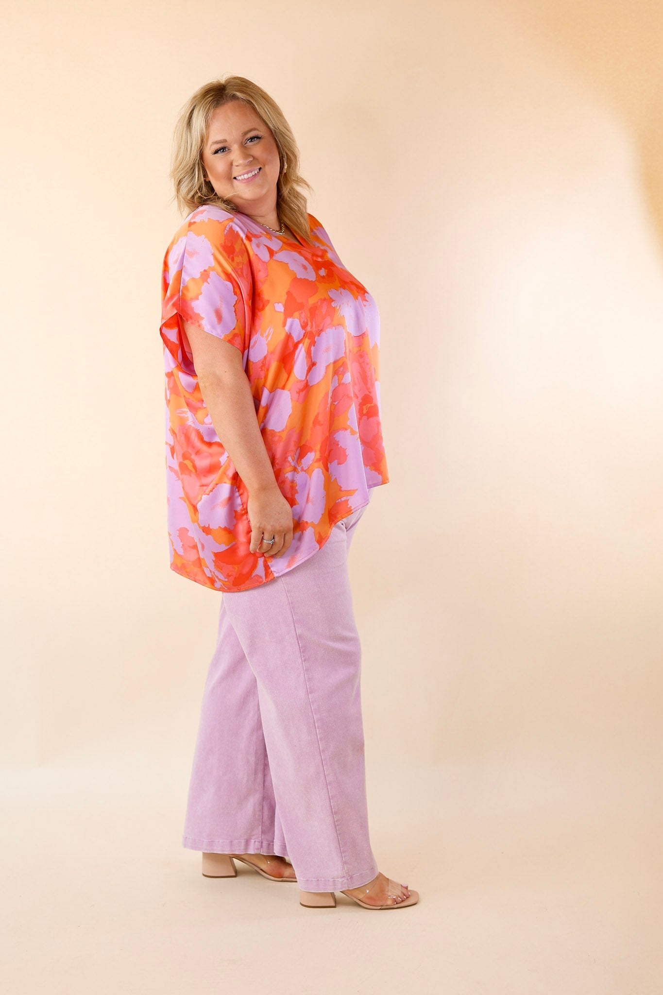 Weekend Out V Neck Short Sleeve Top in Orange and Purple - Giddy Up Glamour Boutique