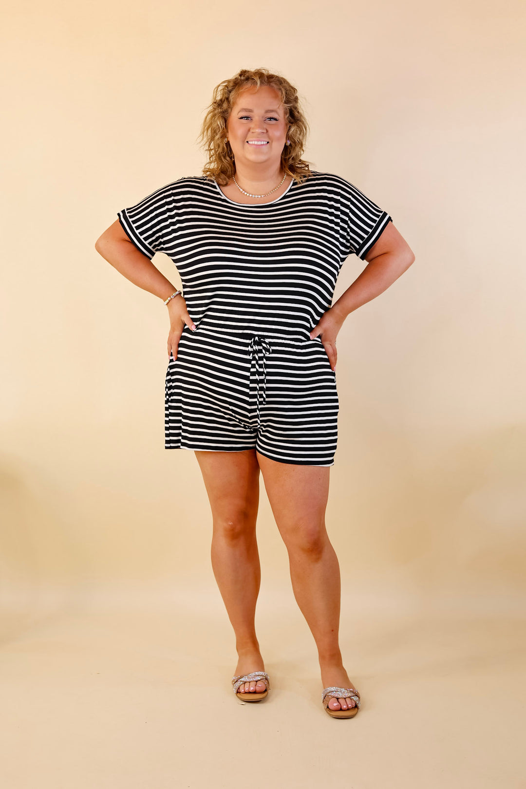 Let Me Loose Striped Short Sleeve Drawstring Waist Tee Shirt Romper in Black and Ivory - Giddy Up Glamour Boutique