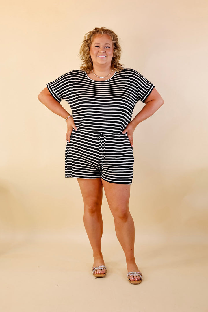 Let Me Loose Striped Short Sleeve Drawstring Waist Tee Shirt Romper in Black and Ivory - Giddy Up Glamour Boutique