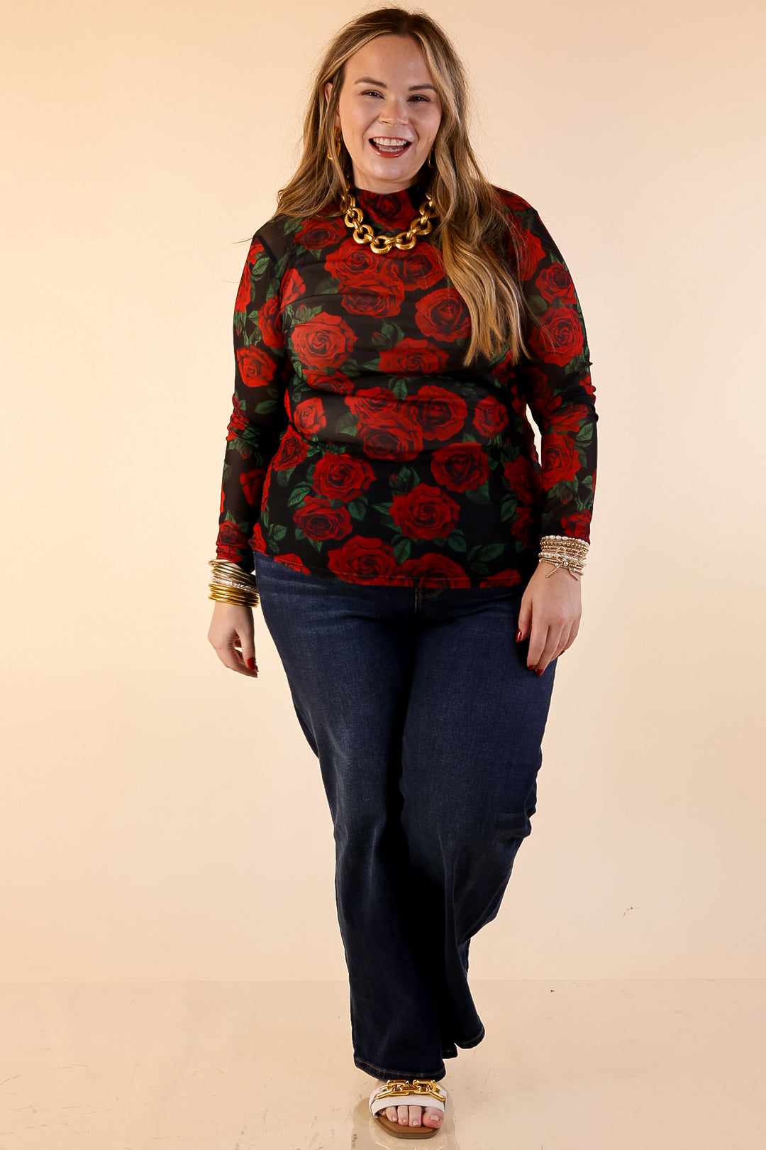 Sheer Confidence Red Rose Print Mesh Long Sleeve Top in Black