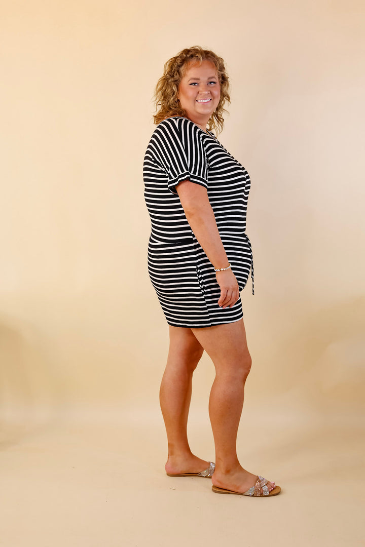 Let Me Loose Striped Short Sleeve Drawstring Waist Tee Shirt Romper in Black and Ivory - Giddy Up Glamour Boutique