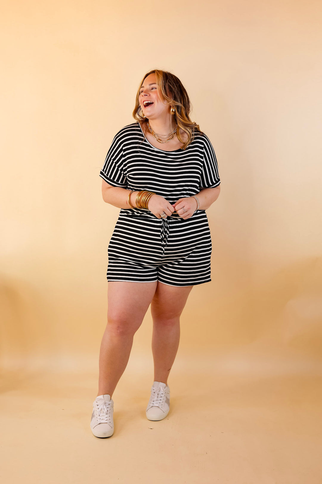 Let Me Loose Striped Short Sleeve Drawstring Waist Tee Shirt Romper in Black and Ivory - Giddy Up Glamour Boutique