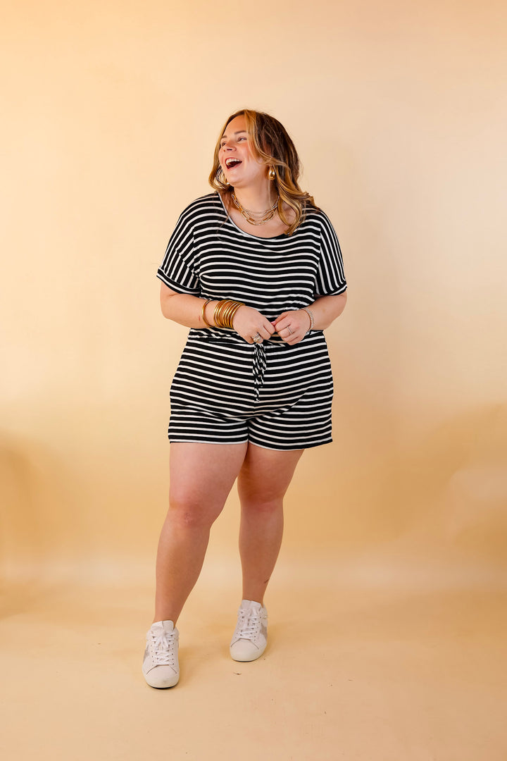 Let Me Loose Striped Short Sleeve Drawstring Waist Tee Shirt Romper in Black and Ivory - Giddy Up Glamour Boutique