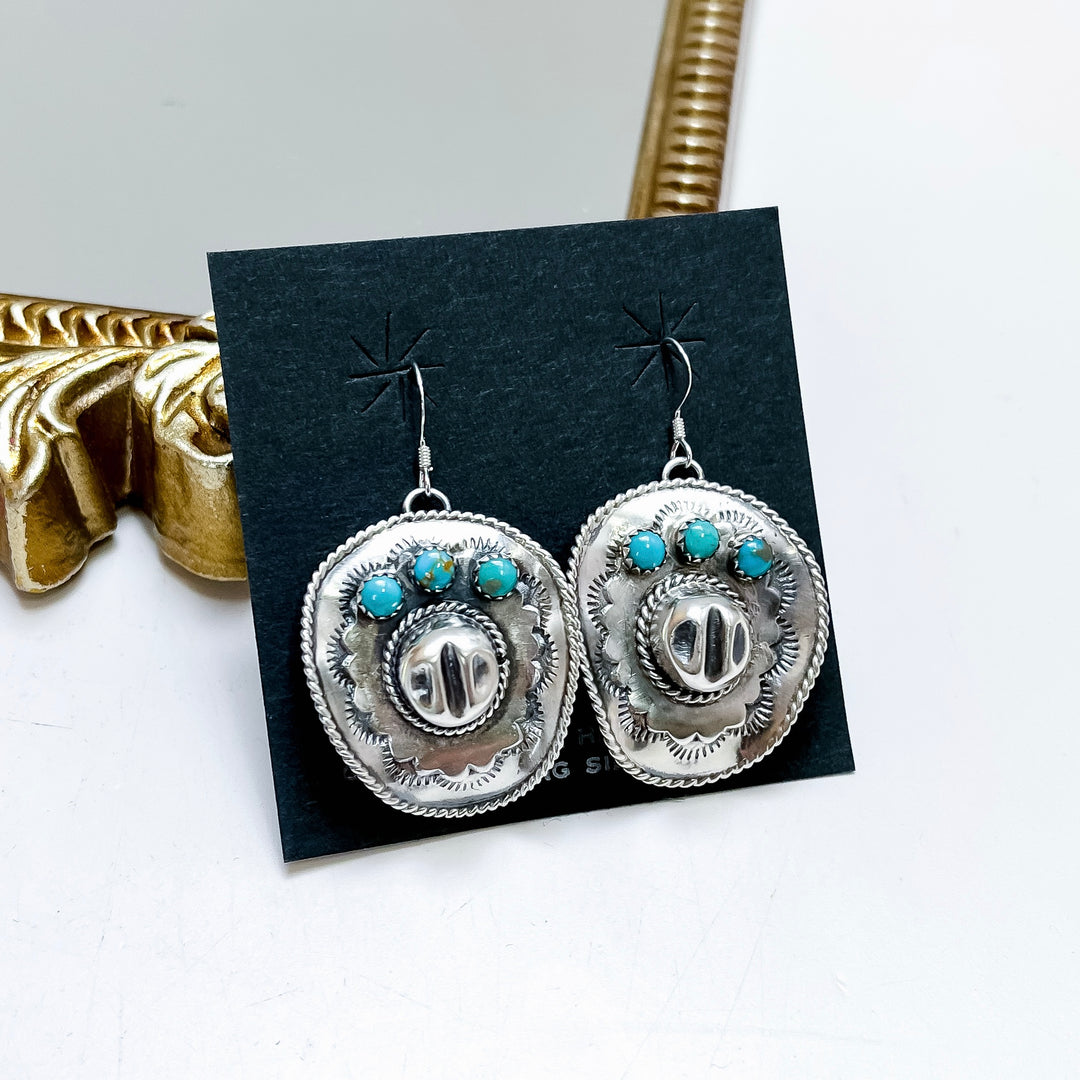 Bobby Platero | Native American Handmade Sterling Silver Cowboy Hat Earrings with Kingman Turquoise