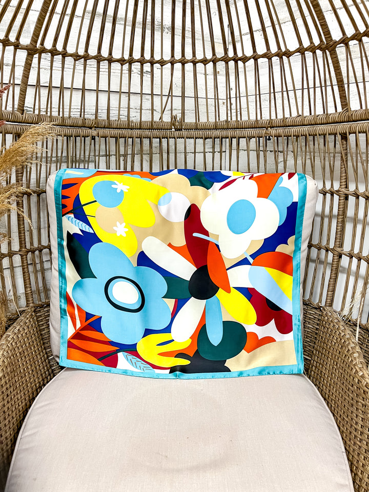 Retro Bloom Bold Multicolor Floral Square Scarf with Aqua Trim in Multicolor