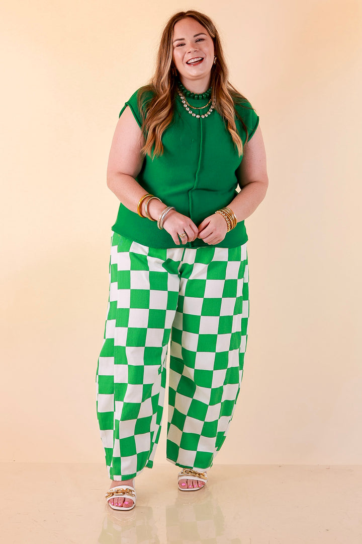 Check Me Out Wide Leg Checkered Print Barrel Denim Jean in Green
