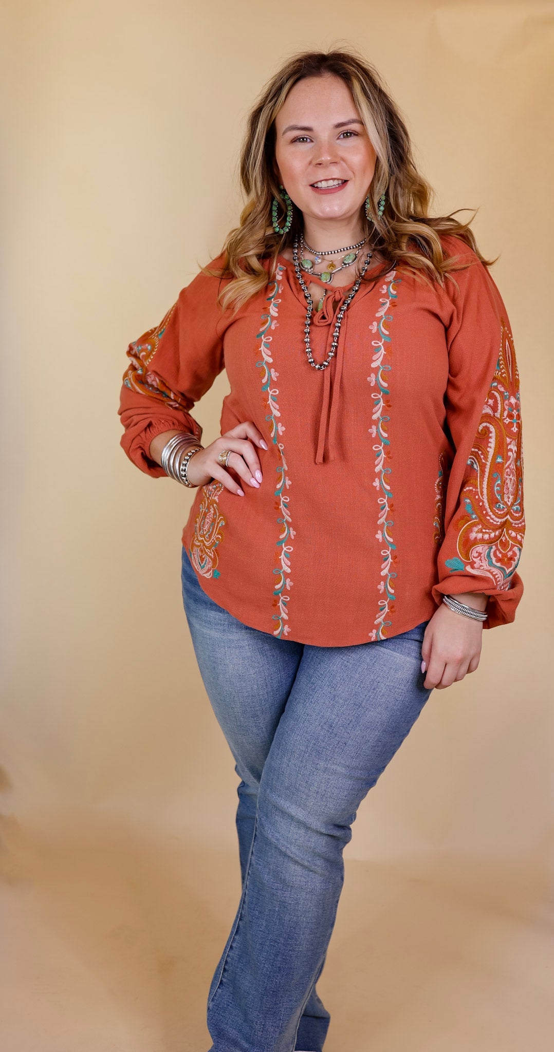Warm Personality Floral Embroidered Long Sleeve Top with Front Keyhole and Tie in Clay Orange - Giddy Up Glamour Boutique