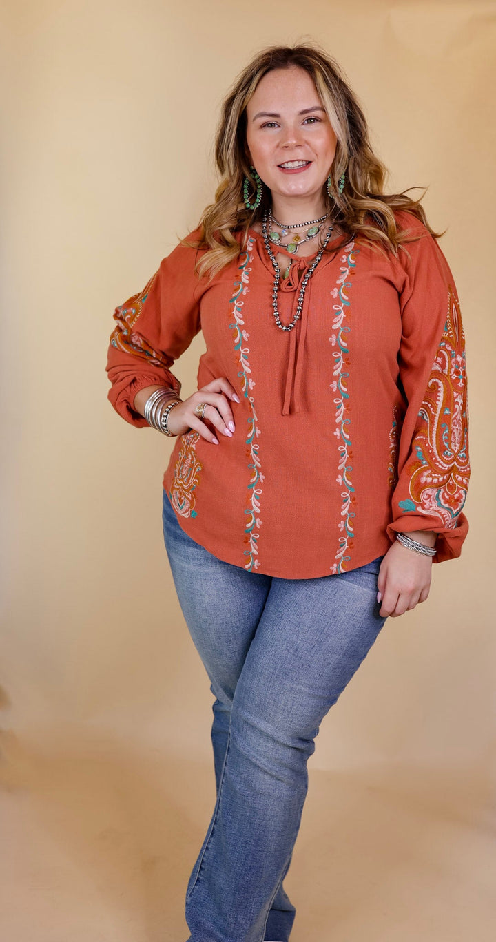 Warm Personality Floral Embroidered Long Sleeve Top with Front Keyhole and Tie in Clay Orange - Giddy Up Glamour Boutique