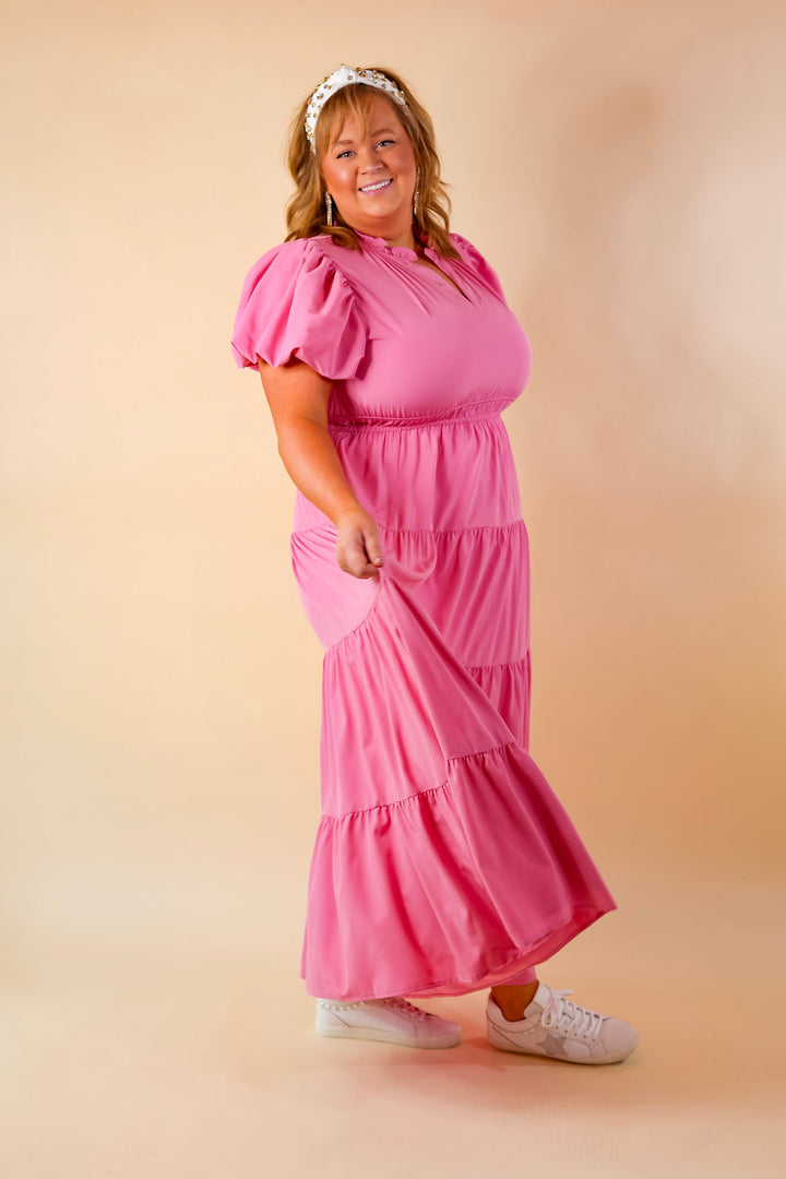 Table for Two Tiered Maxi Dress with Puff Sleeves in Bubblegum Pink - Giddy Up Glamour Boutique
