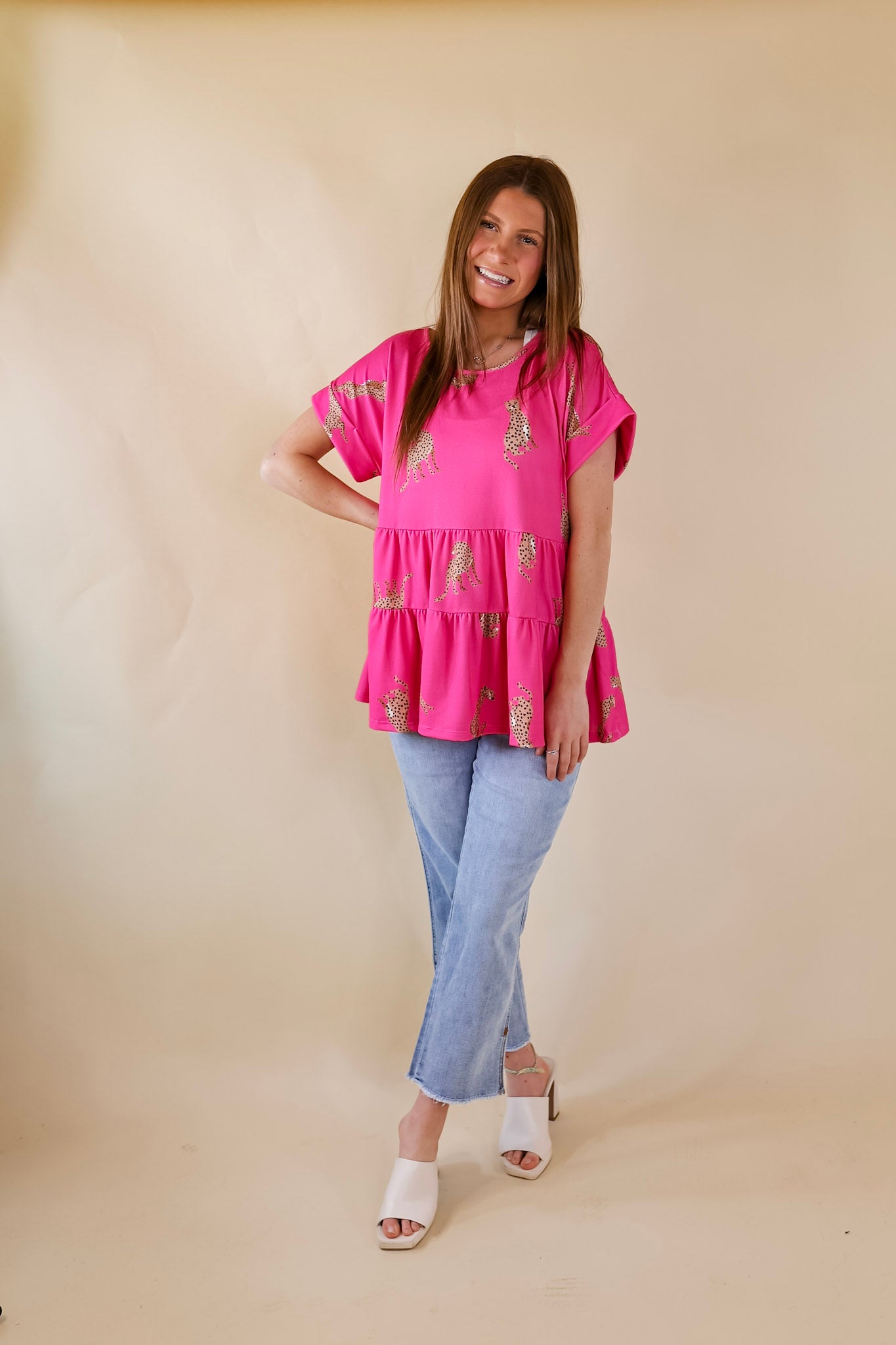 Feeling Wild Cheetah Print Tiered Babydoll Top in Hot Pink - Giddy Up Glamour Boutique