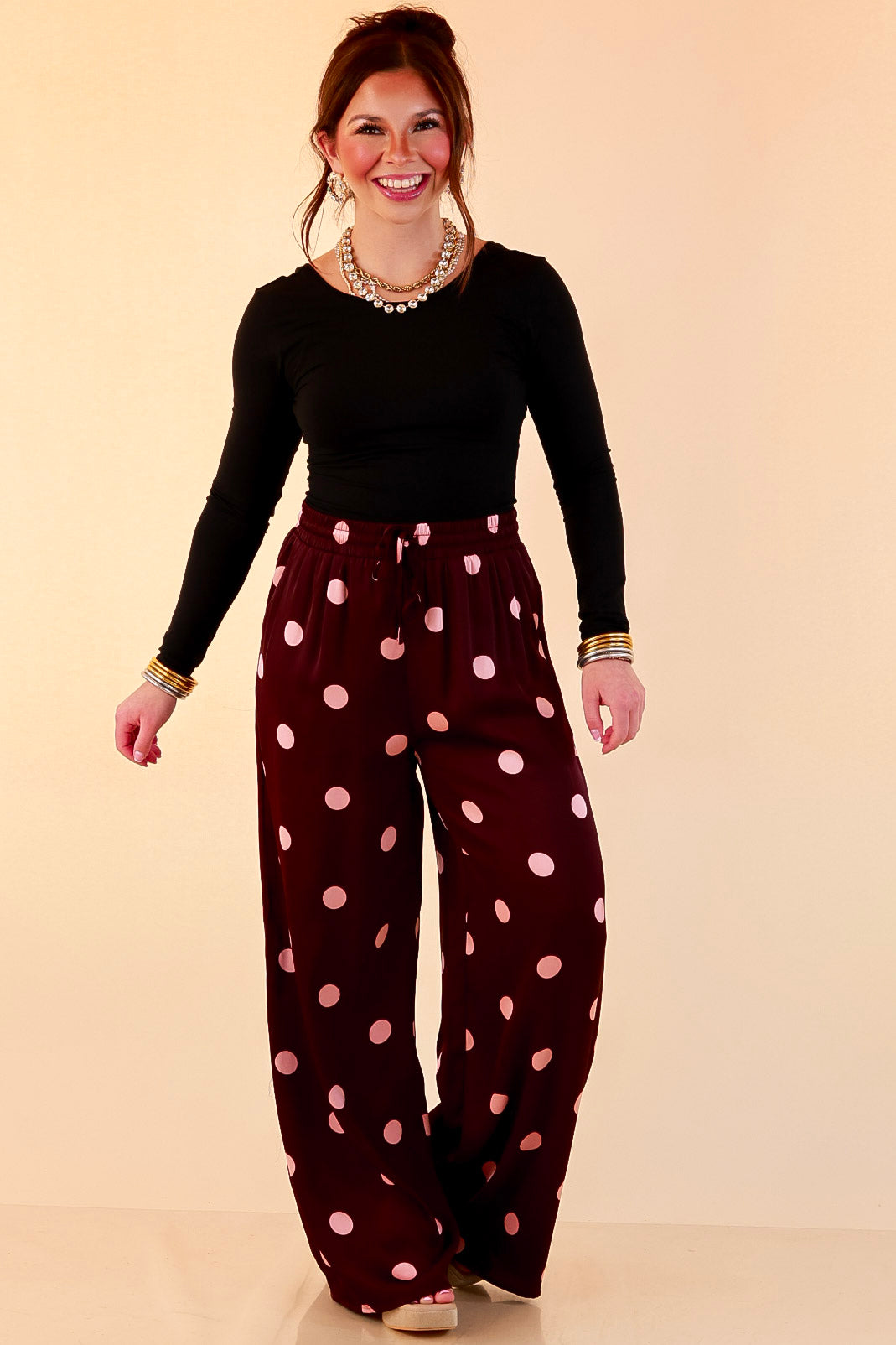 Two of a Kind Full Length Wide Leg Pull-On Drawstring Blush Pink Polka Dot Pants in Maroon
