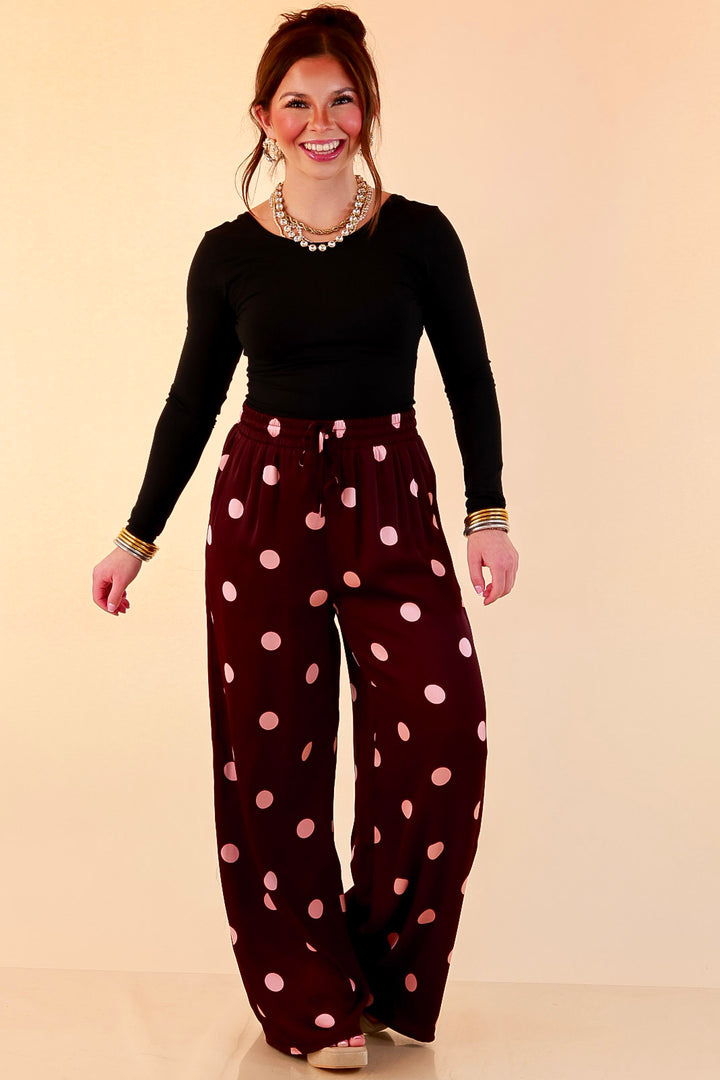 Two of a Kind Full Length Wide Leg Pull-On Drawstring Blush Pink Polka Dot Pants in Maroon