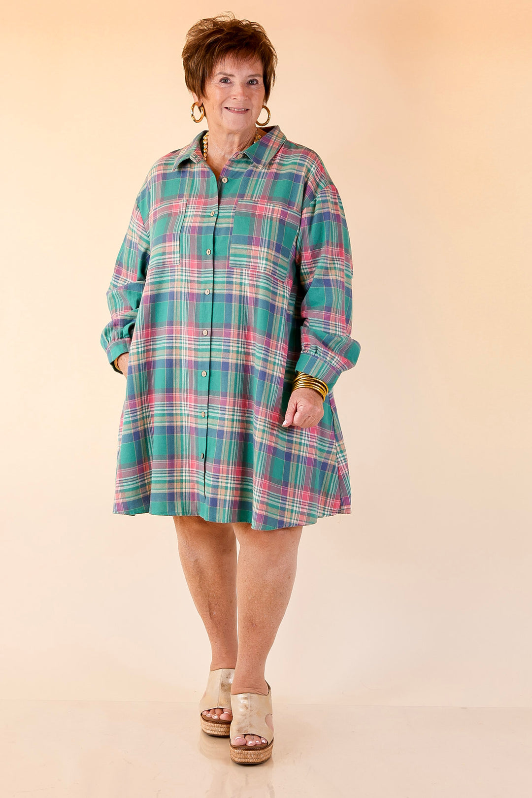 Vibrant Lifestyle Plaid Button Up Dress in Teal and Pink