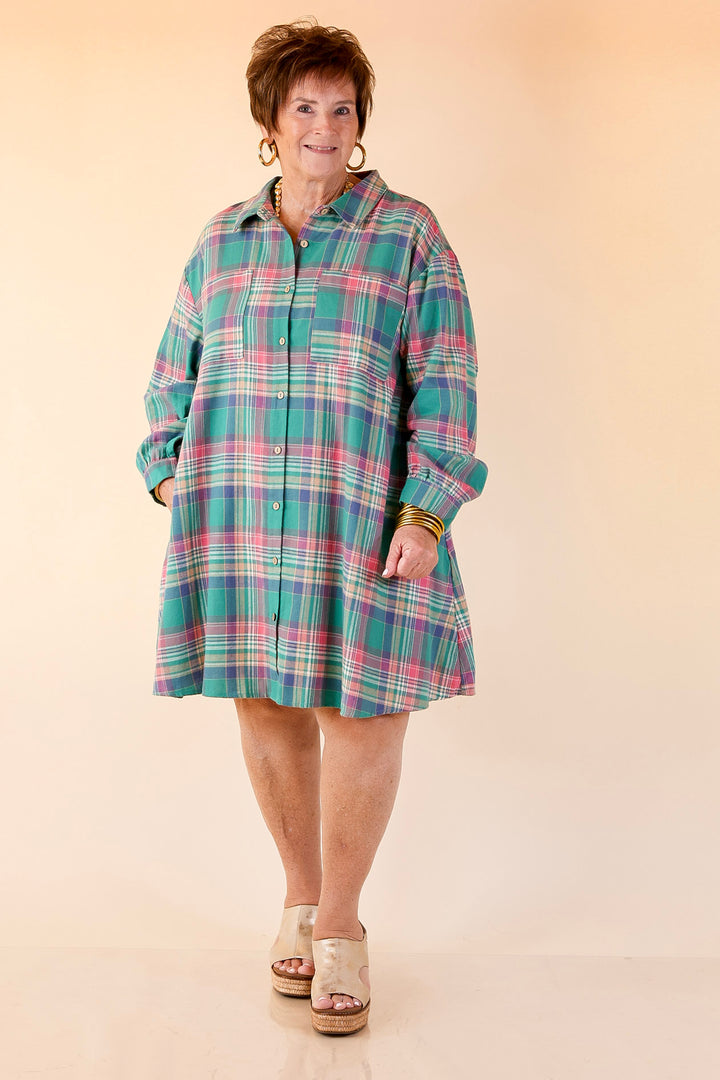Vibrant Lifestyle Plaid Button Up Dress in Teal and Pink