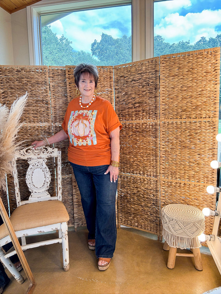 Sweet on the Season Gingham Pumpkin, Stripe and Polka Dot Design with Bow Detail Fall Graphic Tee in Rust Orange
