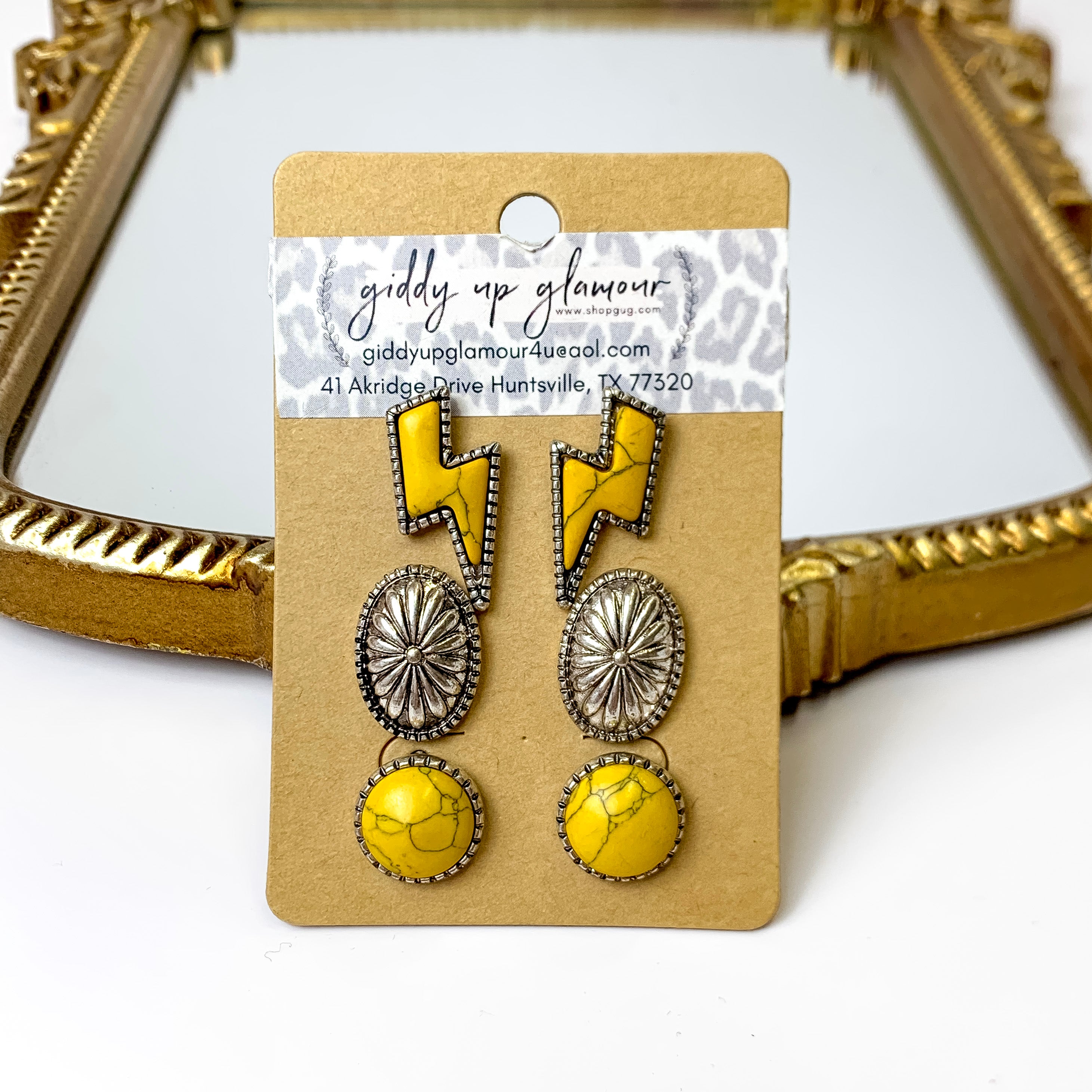 Set Of Three | Lightning Bolt and Concho Stud Set in Mustard Yellow - Giddy Up Glamour Boutique