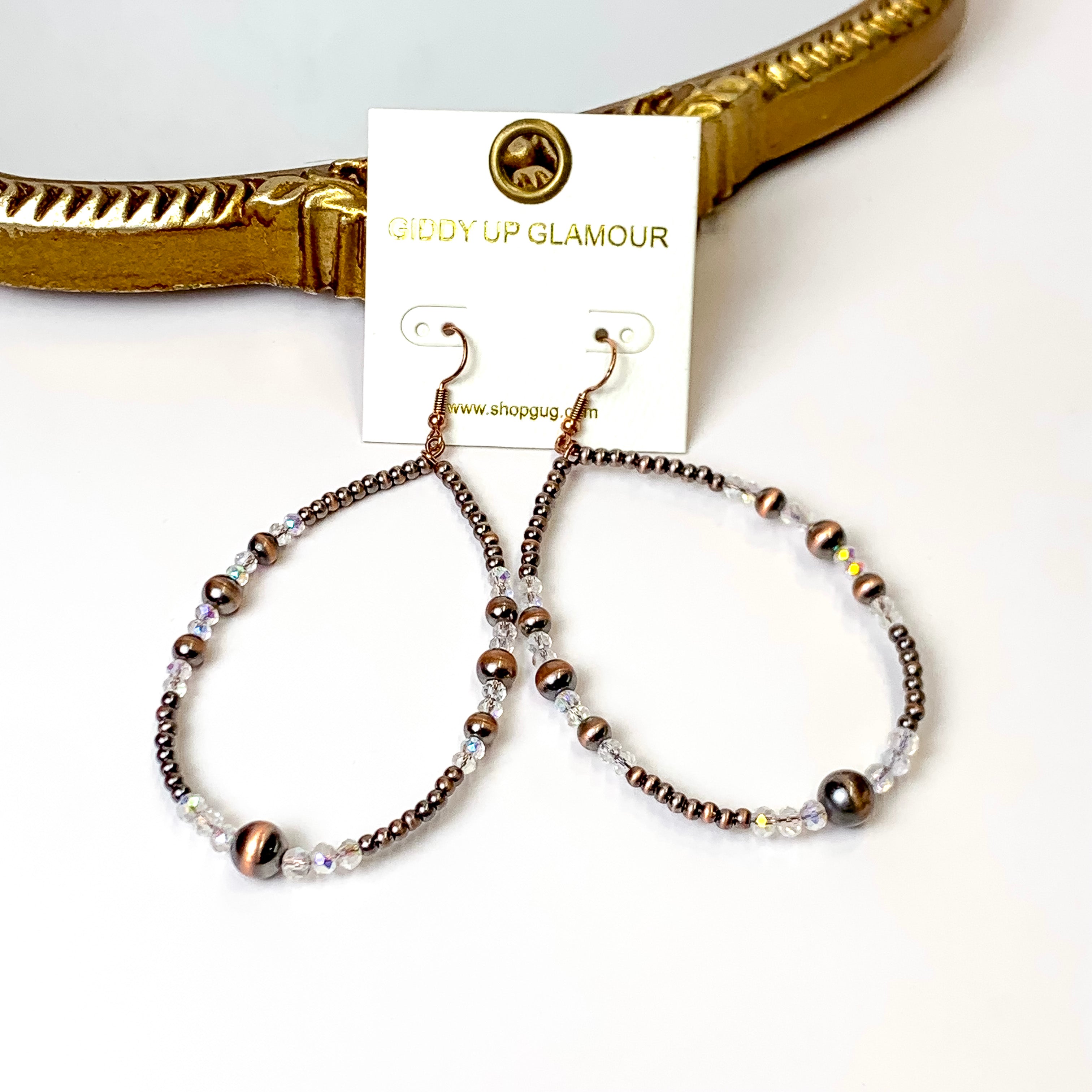 Faux Navajo Pearl Beaded Teardrop Earrings with Clear Glass Spacers in Copper Tone - Giddy Up Glamour Boutique