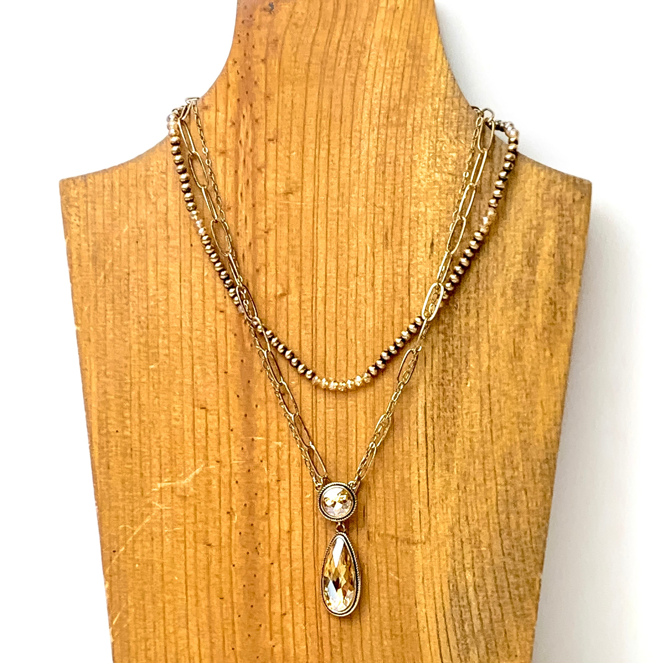 Three Row Faux Navajo Pearl Chain Necklace with Champagne Crystal Pendants in Gold Tone - Giddy Up Glamour Boutique