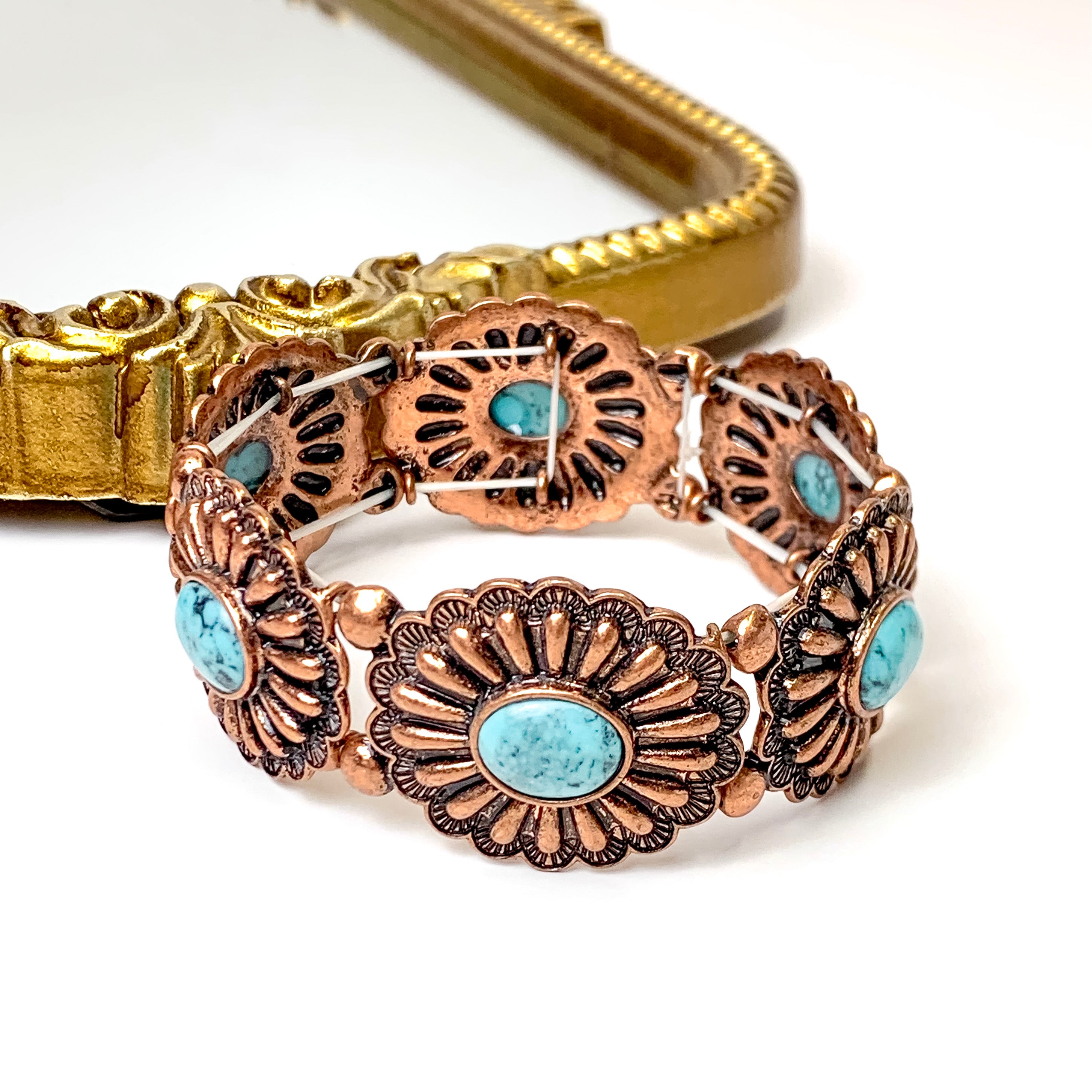 Concho Bracelet with Faux Turquoise Center Stones in Copper Tone - Giddy Up Glamour Boutique