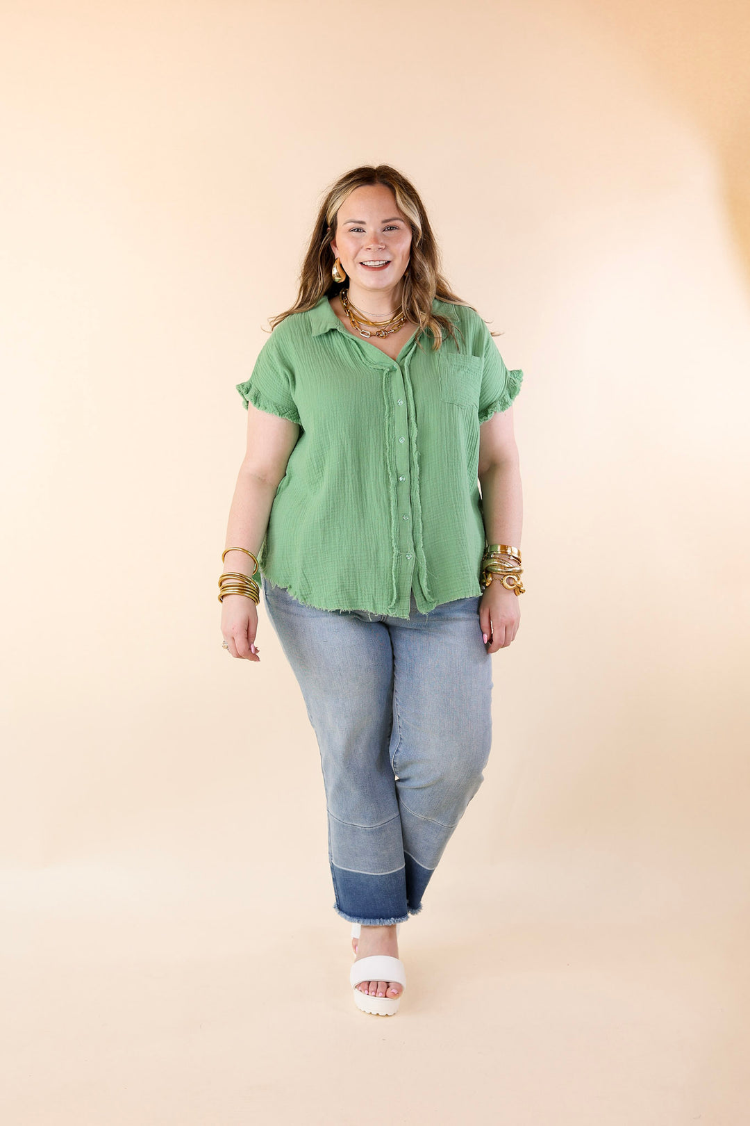 Right On Cue Button Up Raw Hem Top in Spring Green - Giddy Up Glamour Boutique