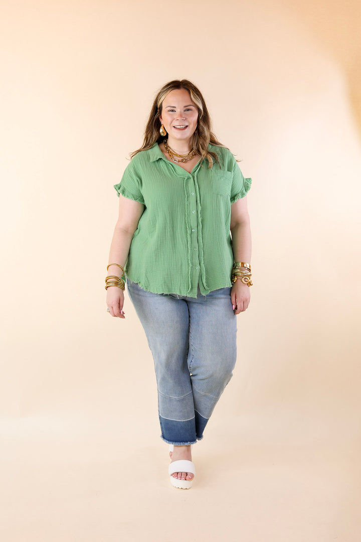 Right On Cue Button Up Raw Hem Top in Spring Green - Giddy Up Glamour Boutique