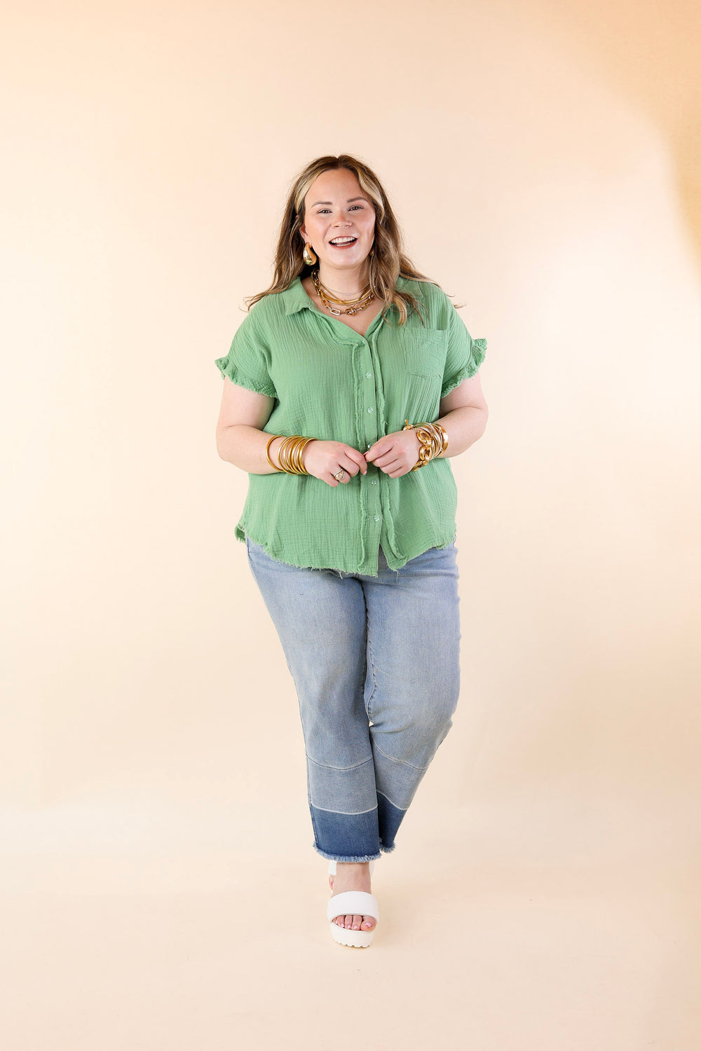 Right On Cue Button Up Raw Hem Top in Spring Green - Giddy Up Glamour Boutique