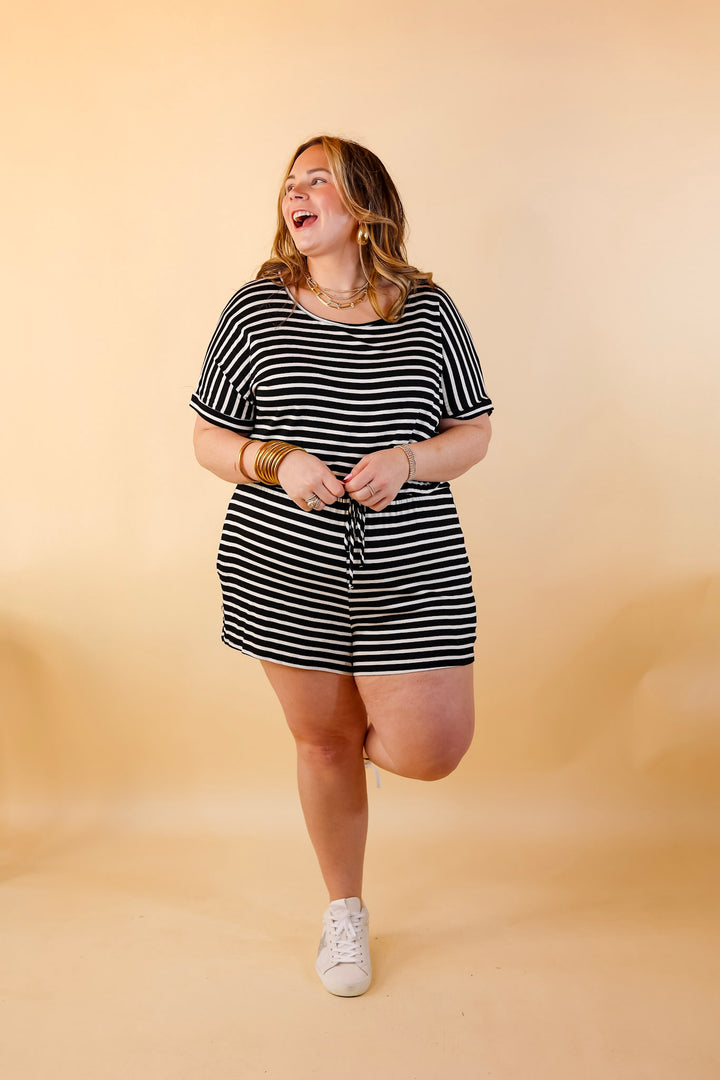 Let Me Loose Striped Short Sleeve Drawstring Waist Tee Shirt Romper in Black and Ivory - Giddy Up Glamour Boutique