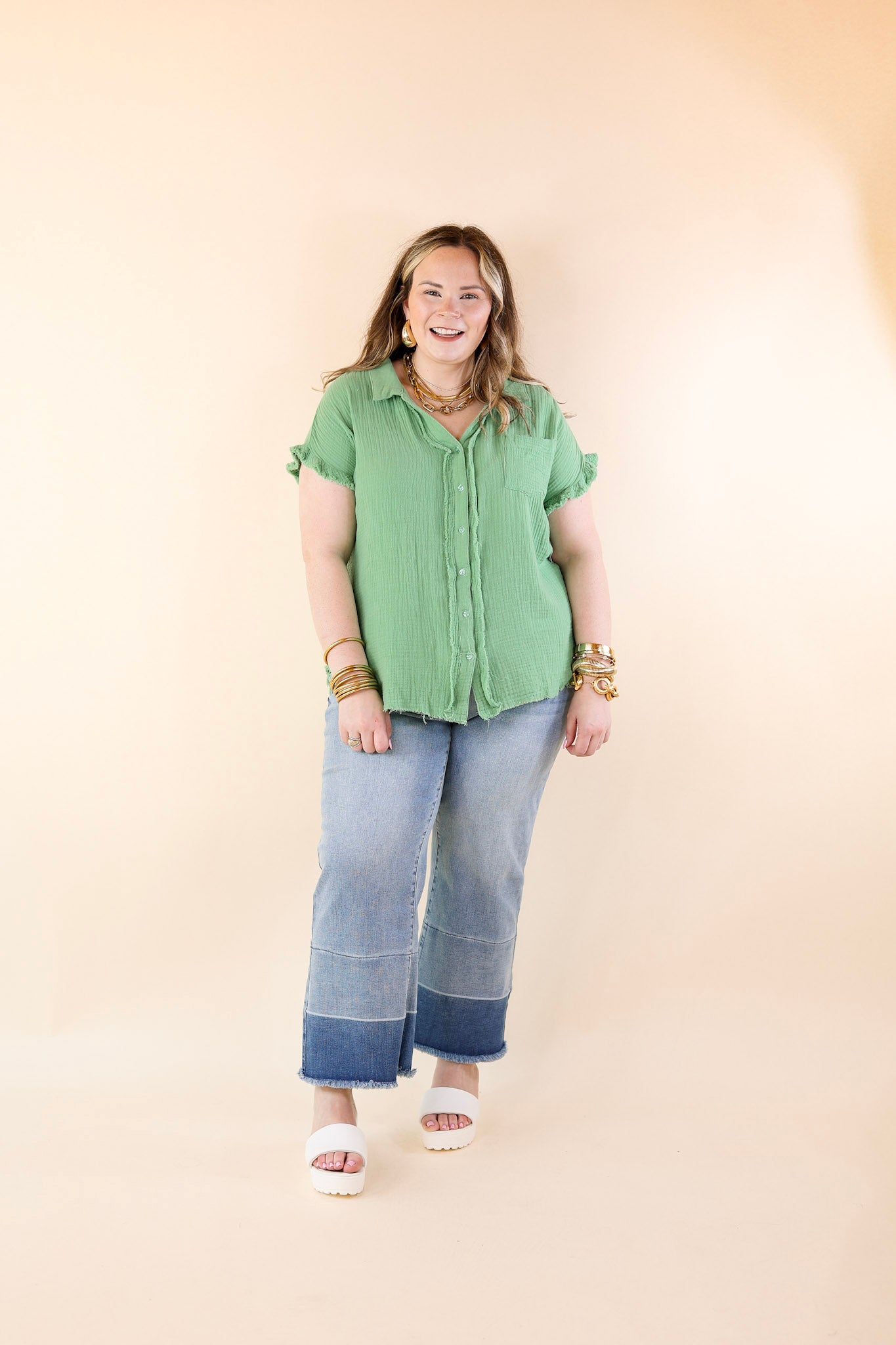 Right On Cue Button Up Raw Hem Top in Spring Green - Giddy Up Glamour Boutique