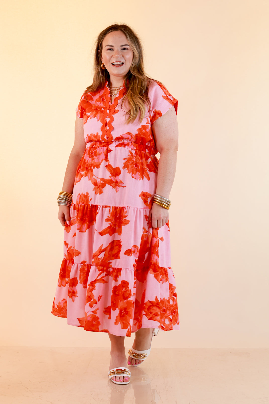 Petals at Play Ric Rac Trim Flutter Sleeve Tiered Midi Dress with Floral Print in Pink and Orange