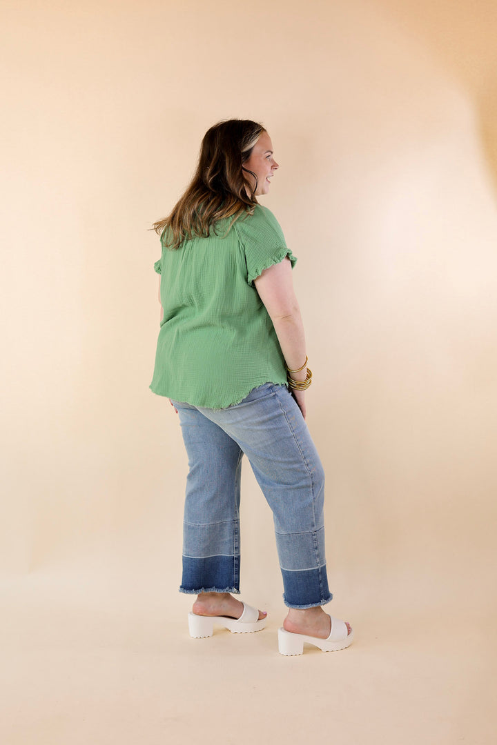 Right On Cue Button Up Raw Hem Top in Spring Green - Giddy Up Glamour Boutique